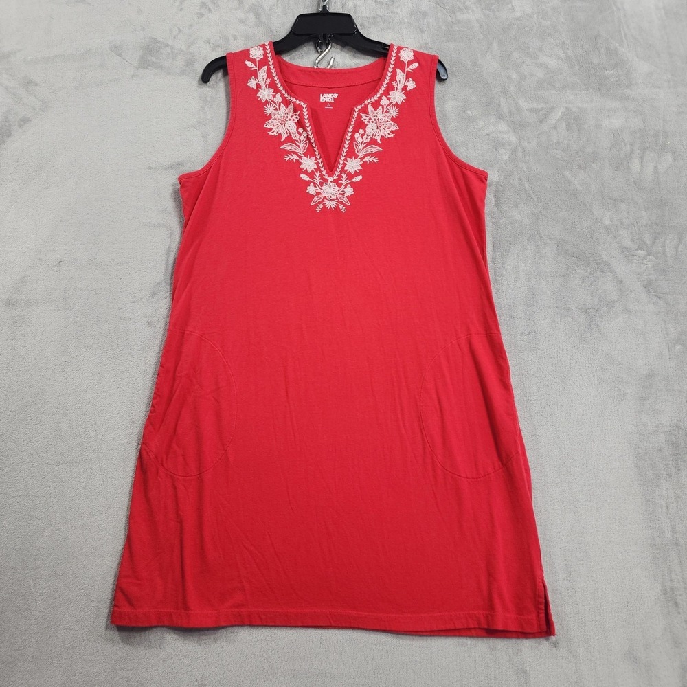 Lands' End Dress Women L Red White Embroidered Cotton Jersey Sleeveless Cover Up